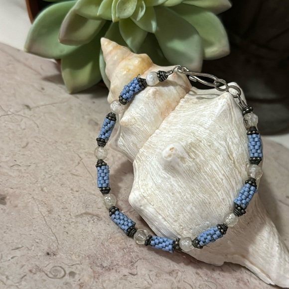 New Handmade Bracelet-Homemade Tube Beads in Blue with White Beads-Hook Closure - Picture 2 of 10